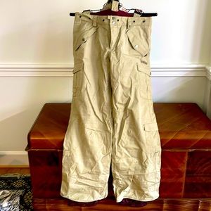 Burton ski:snowboard pants, size L, women’s, tan/purple w polka dot suspenders